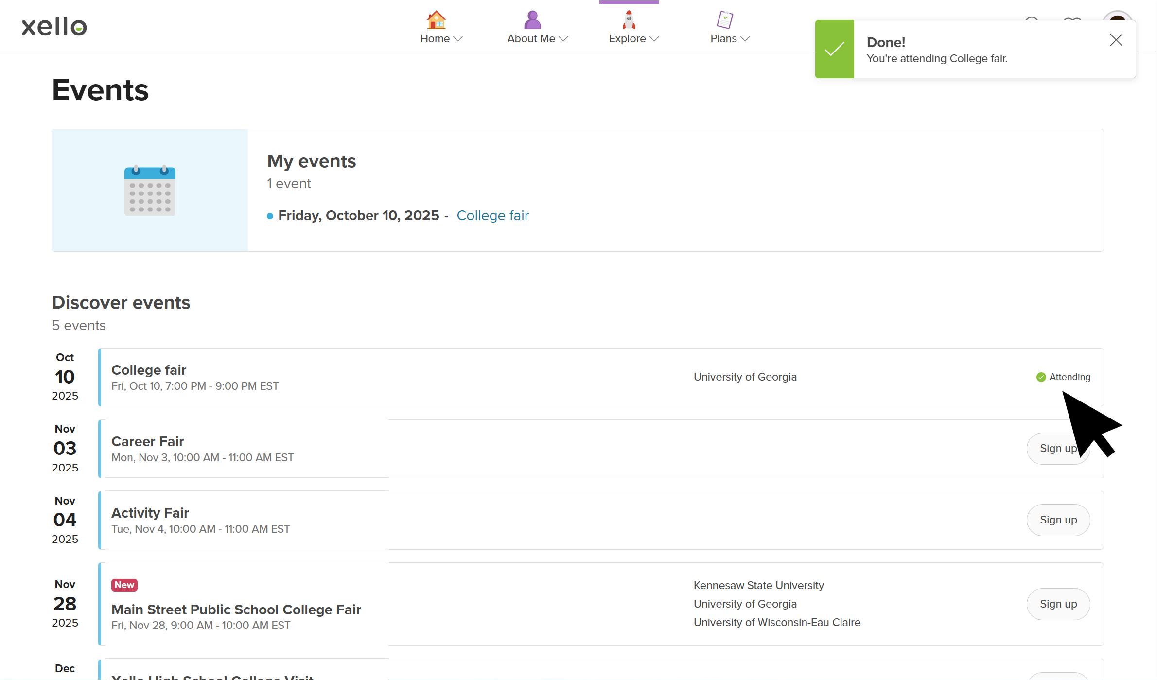 Student account in Xello. The cursor is clicking Sign up for an event
